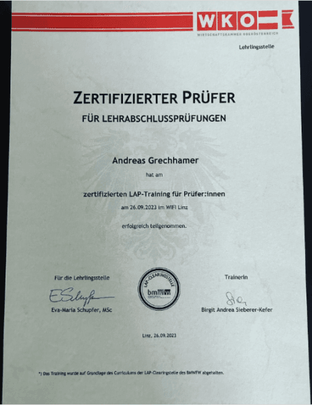 WKO-Zertifikat: Andreas Grechhamer ist zertifizierter Prüfer für Lehrabschlussprüfungen
